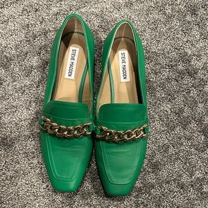 Leather Steve Madden Green Loafers with Gold Detail